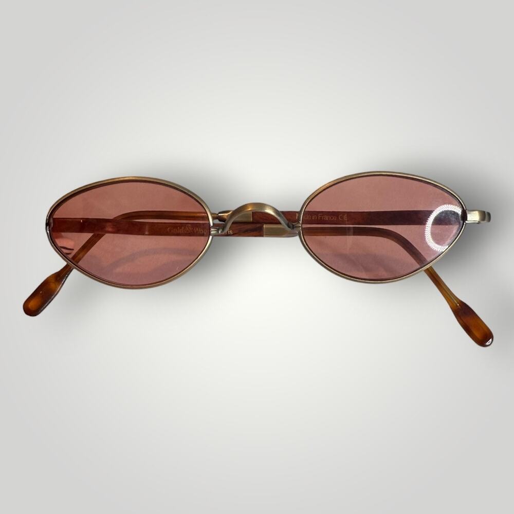 Vintage Gold & Wood Oval Sunglasses Pink Lenses Made in France Retro 90s
